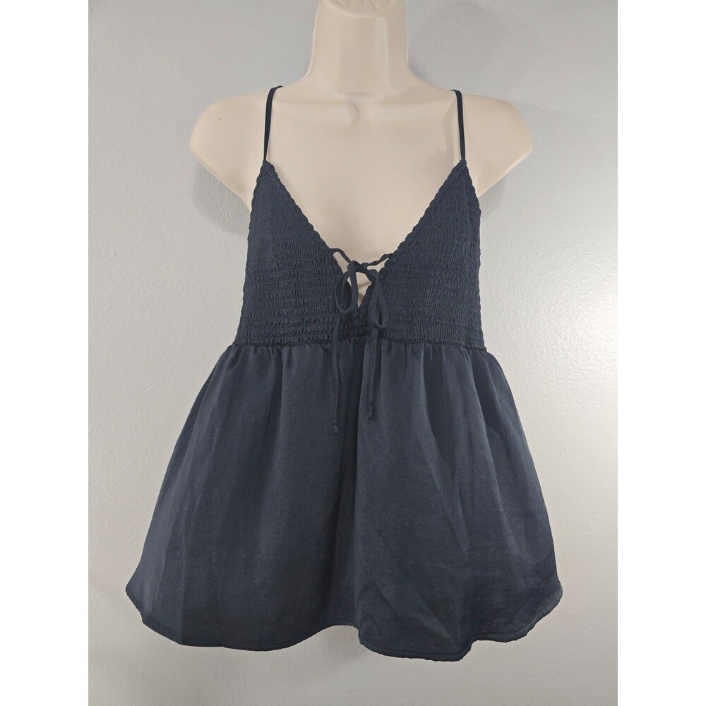 American Eagle Size XXL Black smocked tie front babydoll cami top Whimsigoth AH